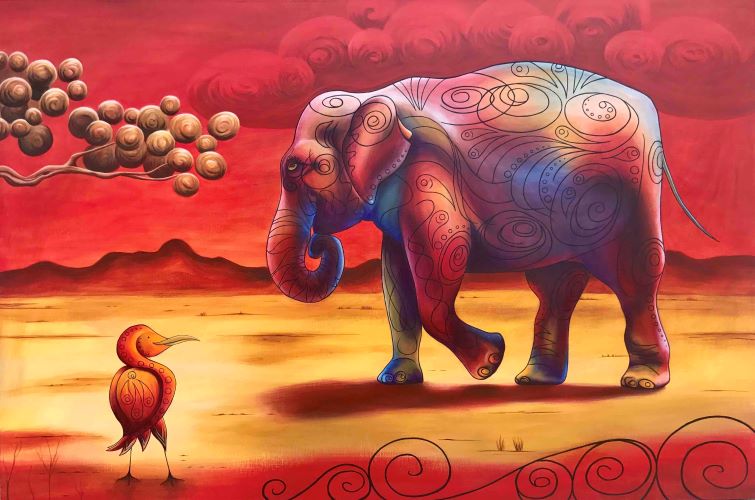 Painting of a stylized elephant and bird in the desert
