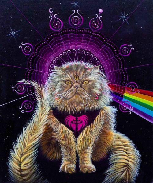 Painting of a fluffy cat in space with a third eye