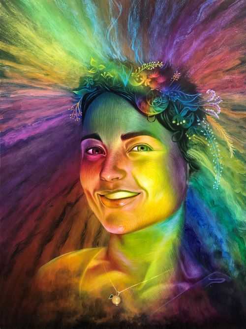 Painting of the artist with rainbow effect
