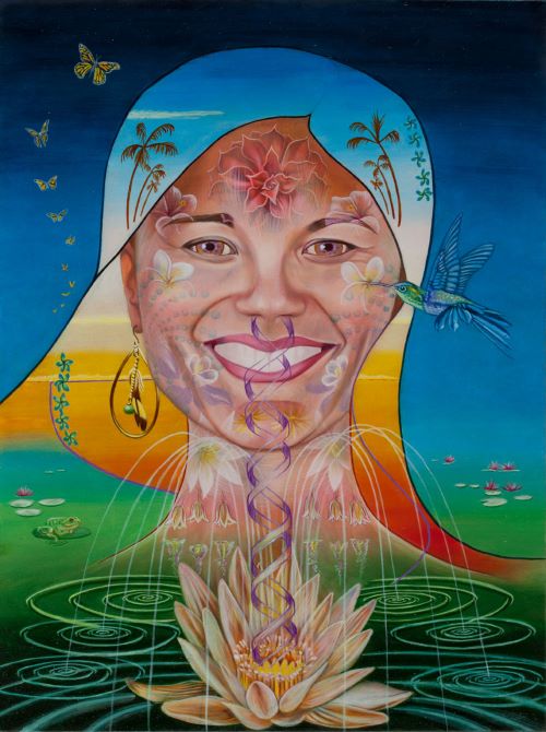 Painting of a beautiful woman smiling with transparent flowers blooming out of her face