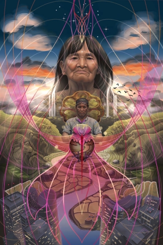 A colourful digital painting of a female and male shaman releasing a hummingbird directly towards the viewer. The bird's wings radiate outwards into energy lines.