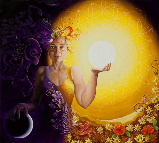 Painting of the artist and her dualistic light and dark nature