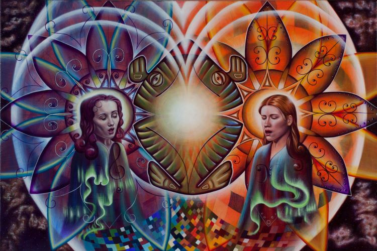 Painting of two young girls singing with geometric mandalas in their back ground