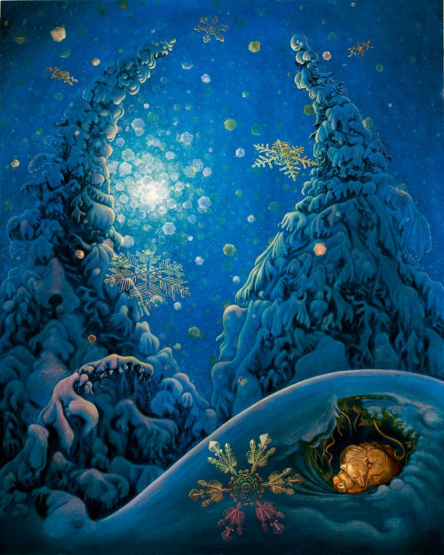 Nighttime snowy forest scene with hibernating spirit bear